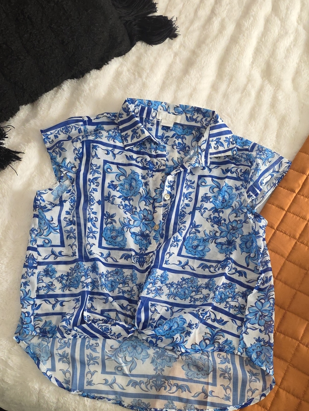 Blue and White Floral Button-Up Blouse